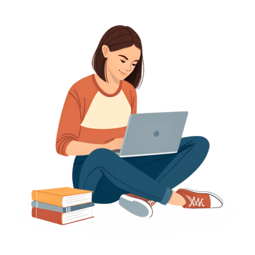 pngtree young woman sitting on floor studying online with laptop and books png image 16512438